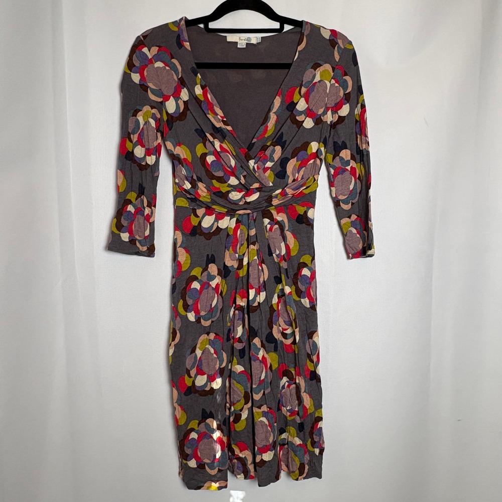 Boden Women's Gray Floral Print 3/4 Sleeve V-Neck Knee Length Dress US 6 UK 10